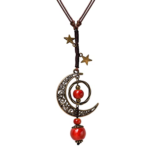 MINACHI Vintage Bohemian Hippie Ceramic Beads Crescent Moon Lariat Necklace, Boho Hippie Statement Jewelry Gift for Women - color: S01B
