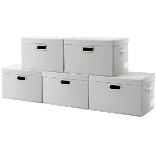 PRANDOM Collapsible Storage Bin with Lid [5-Pack] Fabric Foldable Storage Box Organizer Container Basket Cube with Cover for Home Bedroom Closet Office Beige(15.3x10x9.7) - color: Beige, size: M(5-Pack)