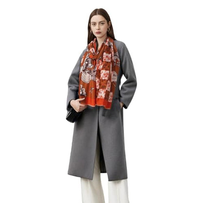 Cashmere-soft Mercerized wool Shawl Pashmina Lightweight Travel Wrap & Evening Scarf |Office |Wedding - color: Iris Checkered Orange-red