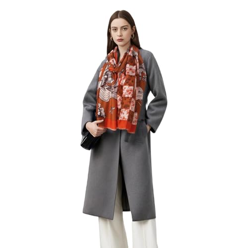 Cashmere-soft Mercerized wool Shawl Pashmina Lightweight Travel Wrap & Evening Scarf |Office |Wedding - color: Iris Checkered Orange-red