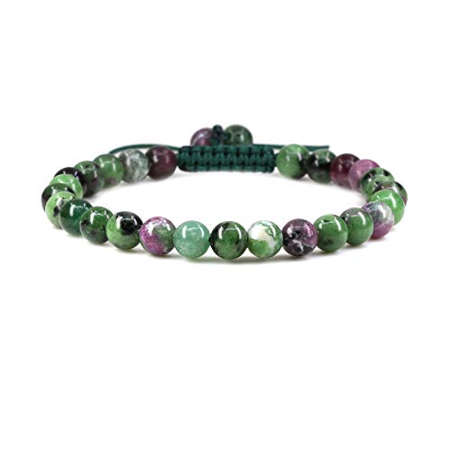 Keleny Natural Gemtone 6mm Round Beads Crystal Adjustable Braided Macrame Tassels Bracelets Unisex - color: Green Ruby in Zoisite