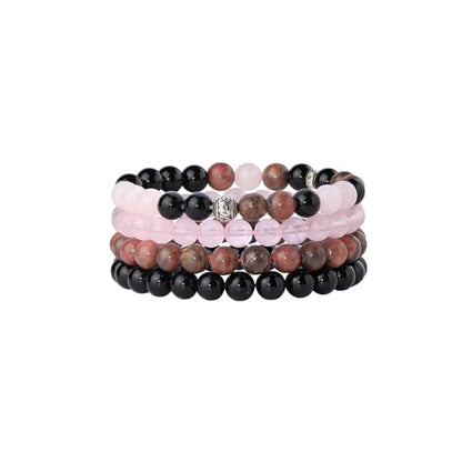 Fengling 4 PCS Beaded Crystal Bracelet for Women 8mm Natural Gemstones Handmade Bracelet for Girls Healing Stretch Bracelets Crystal Jewelry for Women Gifts - color: Pink Crystal&Black Thread Rhodochrosite &Pure Black obsidian