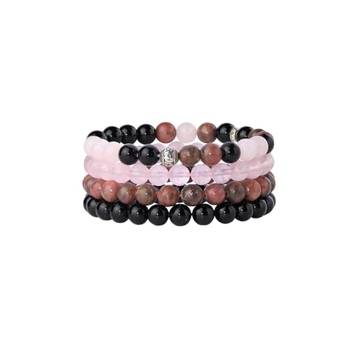 Fengling 4 PCS Beaded Crystal Bracelet for Women 8mm Natural Gemstones Handmade Bracelet for Girls Healing Stretch Bracelets Crystal Jewelry for Women Gifts - color: Pink Crystal&Black Thread Rhodochrosite &Pure Black obsidian