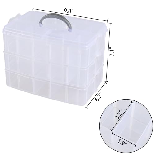 3-Tier Stackable Storage Container Box with Dividers-30 Compartments, Bead Organizers with Latch Lid for Art Craft Storage, Washi Tape, Ornaments, Jewelry, Beauty & Sewing Supplies