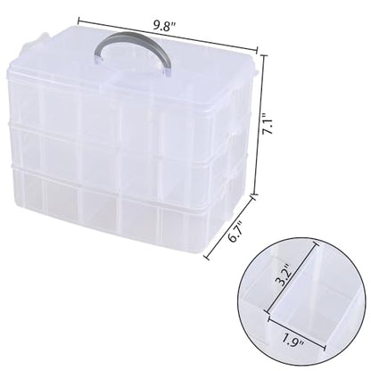 3-Tier Stackable Storage Container Box with Dividers-30 Compartments, Bead Organizers with Latch Lid for Art Craft Storage, Washi Tape, Ornaments, Jewelry, Beauty & Sewing Supplies