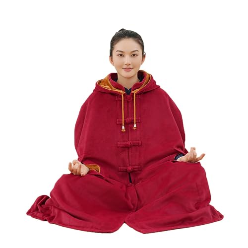 Meditation Clothes, 5-Row Buttons Plush and Thickened Meditation Cloak Meditation Cloak Double-Layer Plush Mid-Length - color: Red, size: 3X-Large