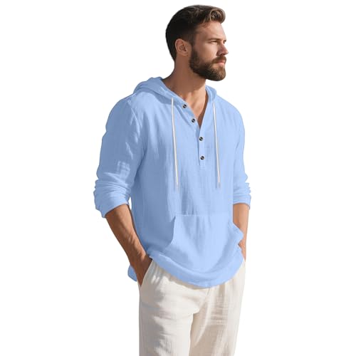 Men's Linen Hoodie Lightweight Hawaiian Shirt Casual Beach Shirt with Pockets - color: Light Blue
