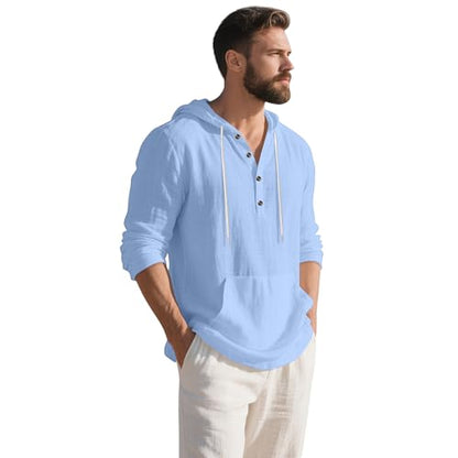 Men's Linen Hoodie Lightweight Hawaiian Shirt Casual Beach Shirt with Pockets - color: Light Blue
