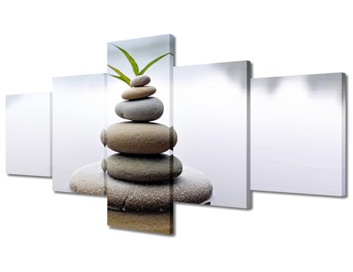TUMOVO Wall Art 5 Pieces Zen Stones and Bamboo on The Water Painting Pictures Print on Canvas Zen Picture for Home Modern Decoration Stretched by Wooden Frame Ready to Hang, 50" Wx24 H - color: Artwork-09, size: 50"Wx24"H