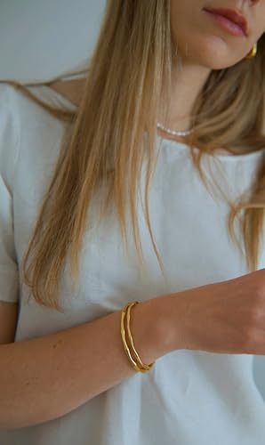 POTESSA 18K Gold Plated Cuff Bracelets Adjustable Dainty Bangle Handemade Jewelry for Women - style: Bamboo