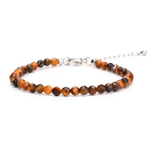 Crystal Bracelet for Women, Natural 4mm Faceted Beads Adjustable Bracelet, Small Beaded Healing Gemstone Bracelet - color: Golden Tiger Eye