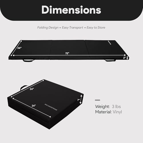BalanceFrom 6x2 Feet 3-Panel Folding Gymnastics Mat – 2-Inch Thick Pad with Vinyl Surface and Carrying Handles for Tumbling, Yoga, Pilates, Home Workouts, and Martial Arts - color: Black2