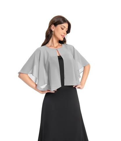 Baoqiya Capelets for women Chiffon Cape Soft Shawls and Wraps Wedding Capes 1920s flapper Cover Up - color: Gray
