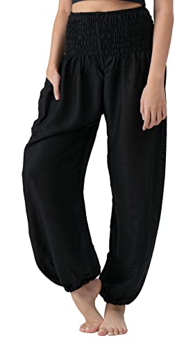 B BANGKOK PANTS Harem Pants Women Yoga Boho Clothes with Pockets - color: Black Classic, size: One Size Extra Long