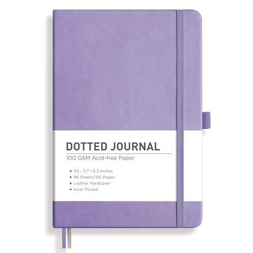 RETTACY Dotted Journal Notebook, 192 Pages, A5 Medium Size (5.7'' x 8.3''), Leather Hardcover, 100 GSM Thick Paper, for Journaling, Planning, Tracking (Purple) - color: Purple, style: Dotted