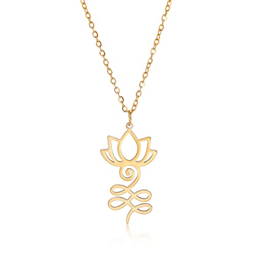 VASSAGO Buddha Lotus Necklace for Women Yoga Healing Pendant Stainless Steel Flower Necklace Buddhist Necklace Unalome Symbol Amulet Religious Jewelry - color: gold 1