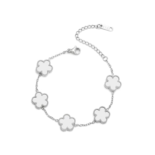 FLY FEI 18K Gold-Plated Four Leaf Clover Bracelet for Women,Adjustable lucky Bracelet Set Jewelry Gift-Hypoallergenic Charm for Birthdays, Wellness & Daily Wear - color: style02-White(silvery)