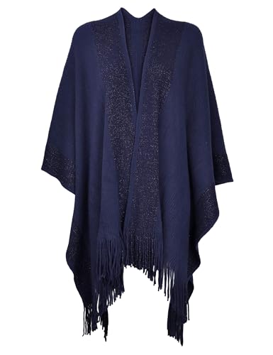 ZLYC Women's Shawl Golden Trim Knit Blanket Wrap Fringe Poncho Coat Cardigan - color: Navy