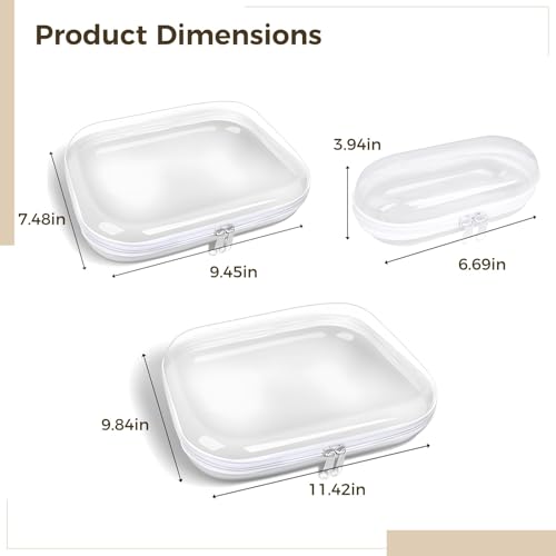 Cases with Zippers of Three Dimensions for Travel and Storage, 3 Pieces Clear Firm Shell Zippered Bags, Clear Sturdy Casing with Double Zipper