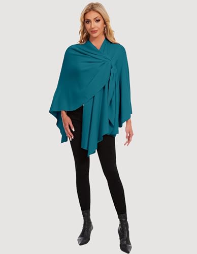 PULI Womens Elegant Cross Front Shawl Wraps Knitted Ponchos Cape Light Weight Poncho Sweater Soft Warm Travel Wraps - color: Dark Cyan