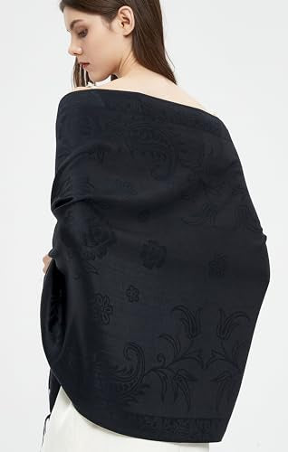 Pashmina Shawl Wrap with Ethnic Paisley Two Tone Jacquard Scarf for Women - color: Paisley-black