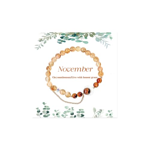 Birth Flower Crystal Bracelets for Women, Handmade Natural Gemstone Stretch Jewelry with Healing & Positive Energy - color: Nov. Chrysanthemum & Citrine