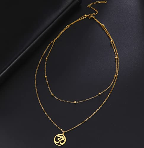 UNIFT Necklace For Women- Aum Om Ohm Sanskrit Symbol Round Pendant Beaded Double Layer Chain Charm Necklace,Hinduism Yoga Sanskrit Personalized Amulet Dainty Pendant Necklace Jewelry - color: gold