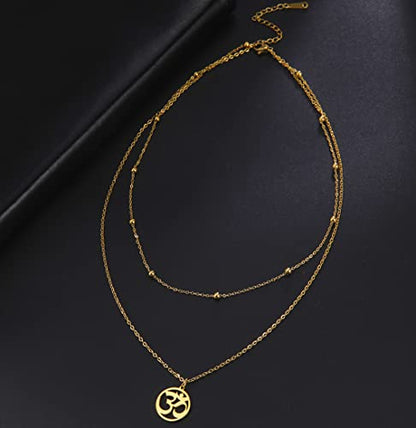 UNIFT Necklace For Women- Aum Om Ohm Sanskrit Symbol Round Pendant Beaded Double Layer Chain Charm Necklace,Hinduism Yoga Sanskrit Personalized Amulet Dainty Pendant Necklace Jewelry - color: gold