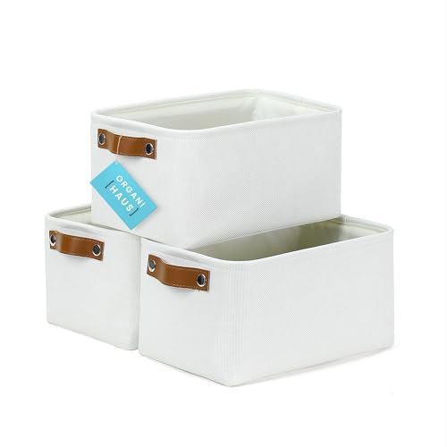OrganiHaus 12x8in Canvas Storage Baskets 3 Pack | SMALL Fabric Bins for Shelves | Pantry & Bathroom Organizer | Full Off-White - color: Full Off-White, size: Small - 3pc