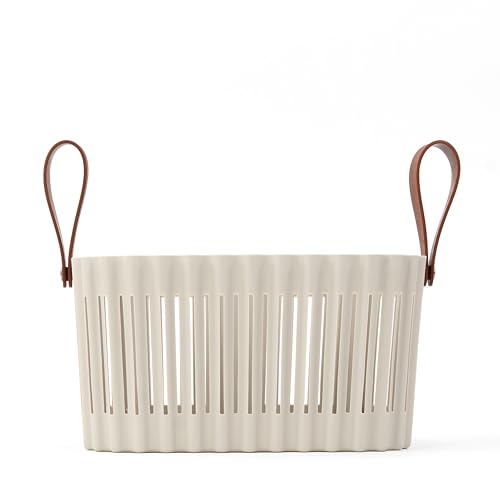 Medium Plastic Storage Basket with Soft Handles – Tan & Brown Decorative Bin for Bathroom, Dorm, or Desk – Rectangular Organizer Basket, 5.3L