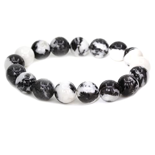 Keleny Semi Precious Stones Natural Gemstones 12mm Round Beads Crystal Stretch Bracelets 7 Inch Unisex - color: Black White Zebra Jasper