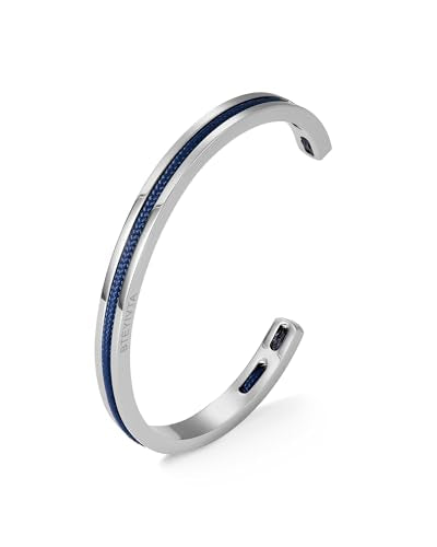 Handmade Minimalist Cuff Bracelet with Lucky Nautical Rope Inlaid Stainless Steel Cuff Unique and Stylish Bangle For Men And Women - color: Silver-Blue, size: S/M