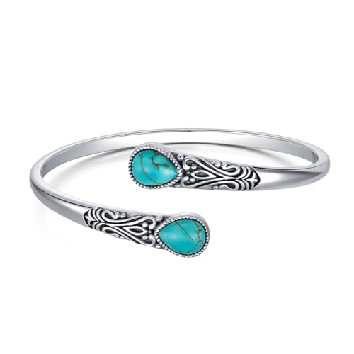925 Sterling Silver Genuine Gemstone Bracelet for Women Men Handmade Adjustable Boho Navajo Style Bangle Cuff Natural Stone Jewelry Gift - color: Turquoise