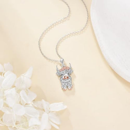 Animal Necklace 925 Sterling Silver Pendant Jewelry Gift for Women Animal Lover - style: Highland cow
