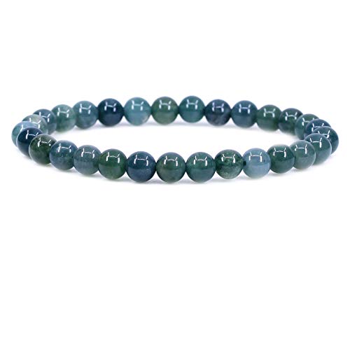 Natural Gemstone 6mm Round Beads Stretch Bracelet 7 Inch - color: Moss Agate