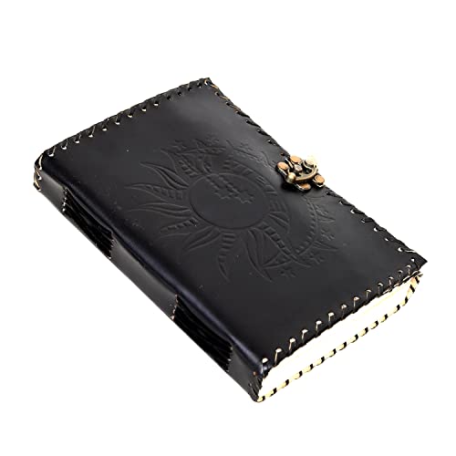 Vintage Leather Journal with Sun & Moon Design – Handmade Lock Diary Notebook, 7 x 5 Inch Writing Journal, Rustic Travel Journal for Men & Women, Gift for Writers, Sketchbook, Gratitude Journal (Black, 8x6 Inch)