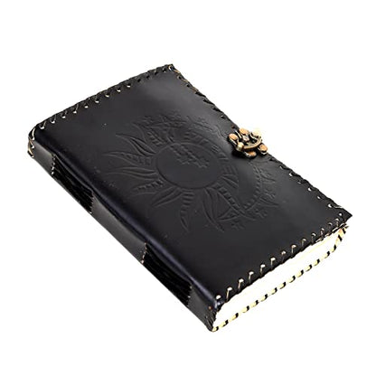 Vintage Leather Journal with Sun & Moon Design – Handmade Lock Diary Notebook, 7 x 5 Inch Writing Journal, Rustic Travel Journal for Men & Women, Gift for Writers, Sketchbook, Gratitude Journal (Black, 8x6 Inch)