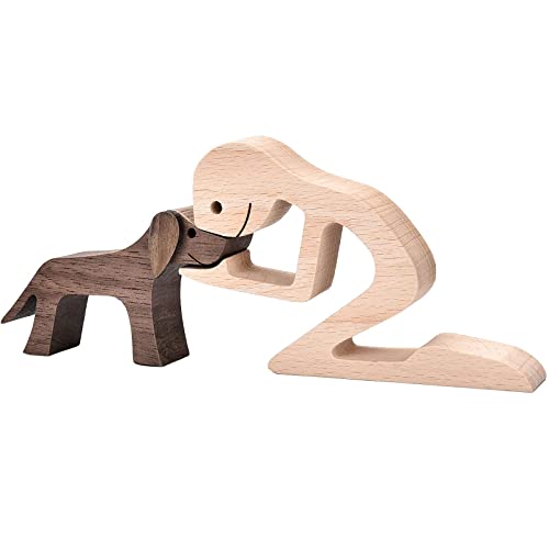 Figurines Home Decor Wooden Sculpture Men and Dog Two Piece Decor Home Gifts - color: Men+dog