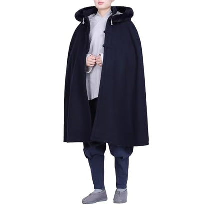 Unisex Meditation Hooded Cloak Winter Oversized Coat Double Layer Plush Poncho Cape One Size Length 100cm - color: Blue