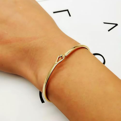 18K Gold Plated Bar Cuff Bracelet – Dainty Thin Minimalist Hook Bangle for Women