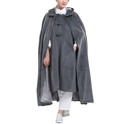 Winter Meditation Robe Hooded Trench Coat Cloak Double Layer Plush Buddhist Capes Unisex with Pockets - color: Dark Grey, size: X-Large