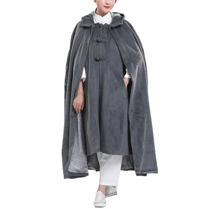 Winter Meditation Robe Hooded Trench Coat Cloak Double Layer Plush Buddhist Capes Unisex with Pockets - color: Dark Grey, size: Medium