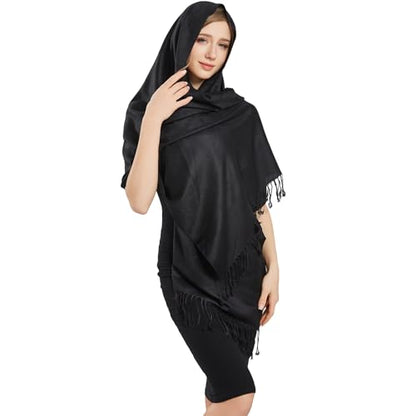 Silky Paisley Pashmina Shawl Scarf-Women's Soft Double-side Jacquard Pashminas Wrap for Evening Dress Travel Shawl - color: A-black