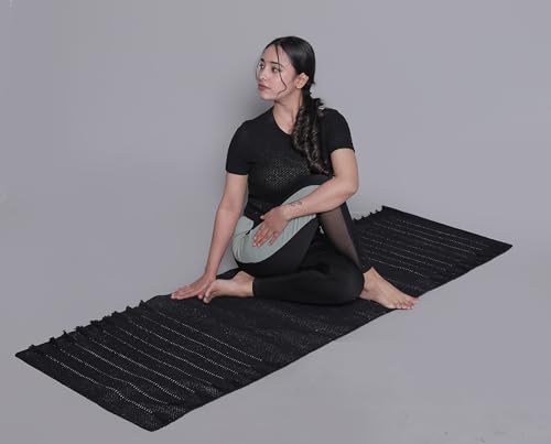 Cotton Yoga Mat Handwoven Yoga Rug for Home Workout, Non Slip Breathable Exercise Mat for Yoga Pilates Meditation, Washable Foldable Travel Friendly 24 x 72 Inch Black