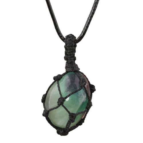 Crystal Tumbled Stone Pendant Necklace for Women Knotted Net Bag Leather Necklace Yoga Meditation Jewelry Gifts - color: Fluorite