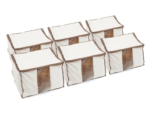 Covermates Canvas Storage Bag for Blankets, Clothes & Décor, 100% Cotton Breathable Fabric, Clear ID Window, Dual Zipper Closure, Carry Handles, Closet Organization, Natural - size: 19.25W x 13D x 12.5H - 6 PIECE SET