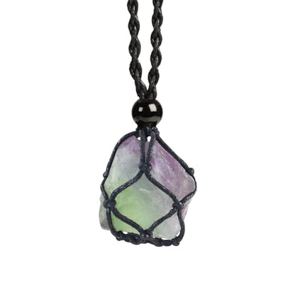 Natural unprocessed crystal raw stone hand woven rope adjustable necklace pendant for both men and women - color: A-Fluorite 1