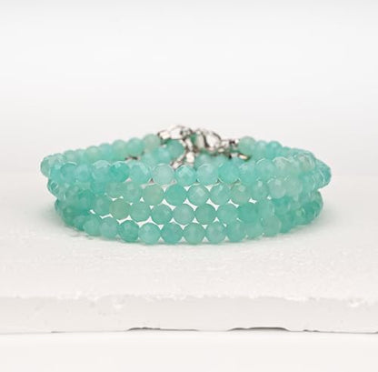 Crystal Bracelet for Women, Natural 4mm Faceted Beads Adjustable Bracelet, Small Beaded Healing Gemstone Bracelet - color: Blue Amazonite