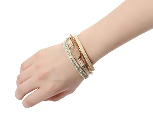 Fesciory Leopard Bracelet for Women, Boho Leather Wrap Multi-Layer Pearl Crystal Bracelet Bangle Jewelry - style: Gold Stone(Short)