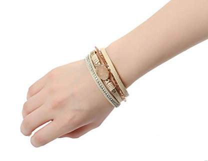 Fesciory Leopard Bracelet for Women, Boho Leather Wrap Multi-Layer Pearl Crystal Bracelet Bangle Jewelry - style: Gold Stone(Short)